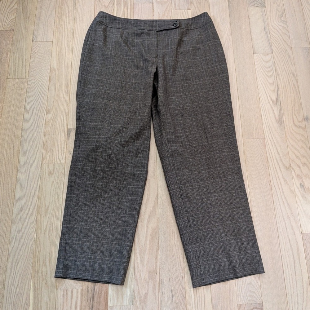 Anne Klein Women 16W Brown Glen Plaid Wool Blend Stretch Lined Dress Trousers
